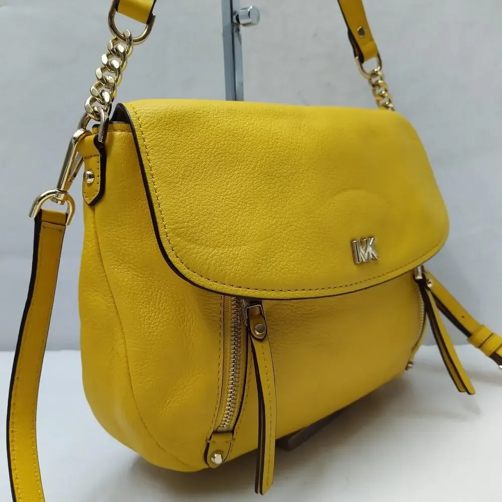 Michael Kors Evie Sunflower Yellow Leather Flap Closure Crossbody Shoulder Bag